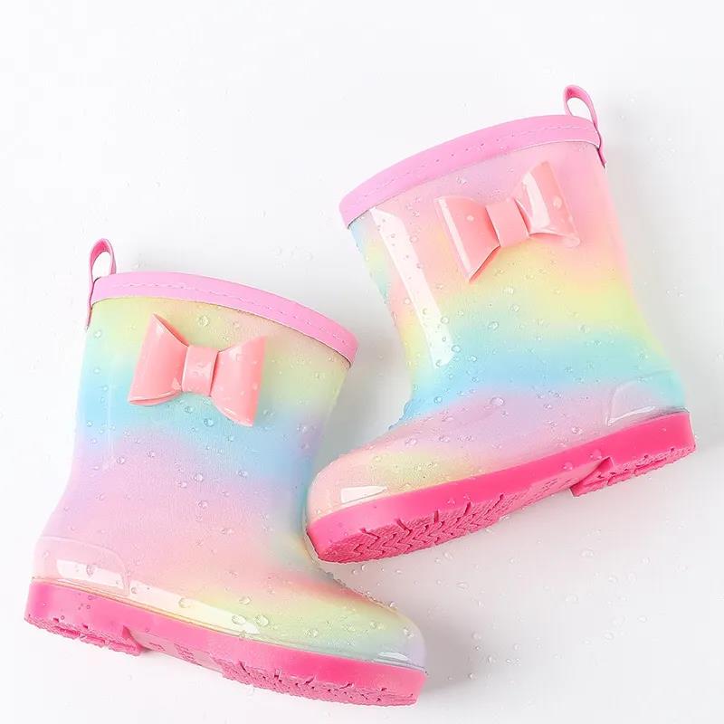 Children's Rain Shoes Water Shoes Non Slip Girls Bowknit Decoration Colorful Rain Boots Cartoon Four Seasons Rubber Rain Boots