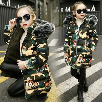 Winter Girls Camouflage Cotton Jacket Children Plus Velvet Thick Butterfly Print Hooded Winter Mid-length Warm Down Jackets