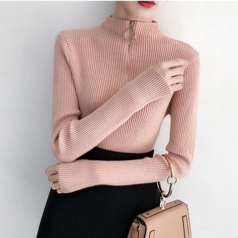 Autumn and Winter Slim-fit Waist Top with Zipper Solid Color Long-sleeved Bottoming Shirt Half Turtleneck Elastic Sweater