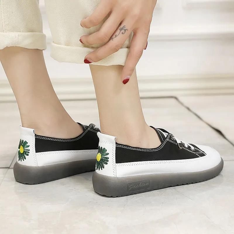 Daisy All-leather White Shoes Women's Spring All-match Beef Tendon Soft Bottom Slip-on Sneakers Student Single Shoes Ladies Casual Shoes