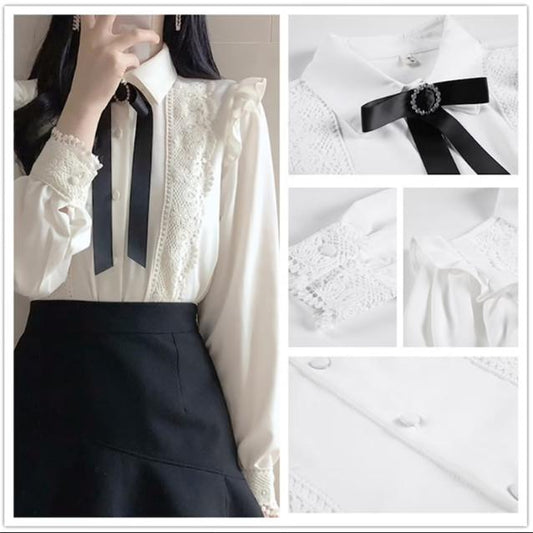 Women Lace Shirt Blouse Tops Bowknot Ruffle Frill Lolita Long Sleeve Office Lady Long Sleeve Top