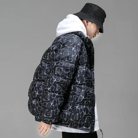 Large Size Men's Bread Jacket Ladies Winter Down Jacket Thick Warm Coat Bear Print Down Coat Couple Clothes