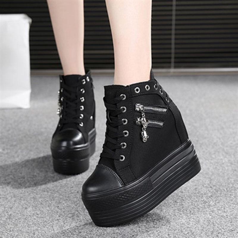 Women's  Canvas Shoes Wedges Heel Thick Bottom Increased Casual Shoes High-heeled Platform Lace Up Wedge Sneakers