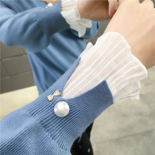 Ruffles Lace Stitching Collar Fake Two-piece Warm Sweater Female Thick  Pullover Sweater Short Stretch Slim Knitwear Bottoming or Outwear