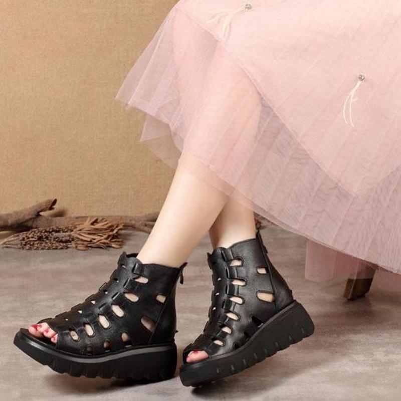 Fish Mouth Sandals Women's Summer Soft Leather Wild Hollow Sponge Cake Casual High-heeled Thick-soled Increased Flat-bottomed Women's Sandals