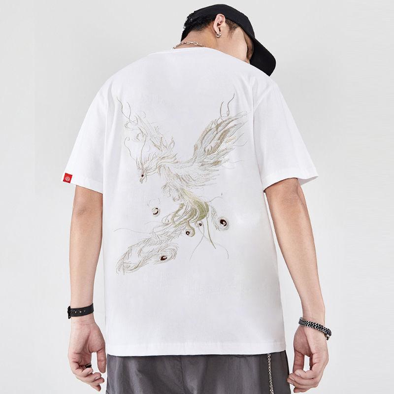 Pure Cotton Half-sleeved Trend Loose Short-sleeved T-shirt Men's Phoenix Embroidery T-shirt