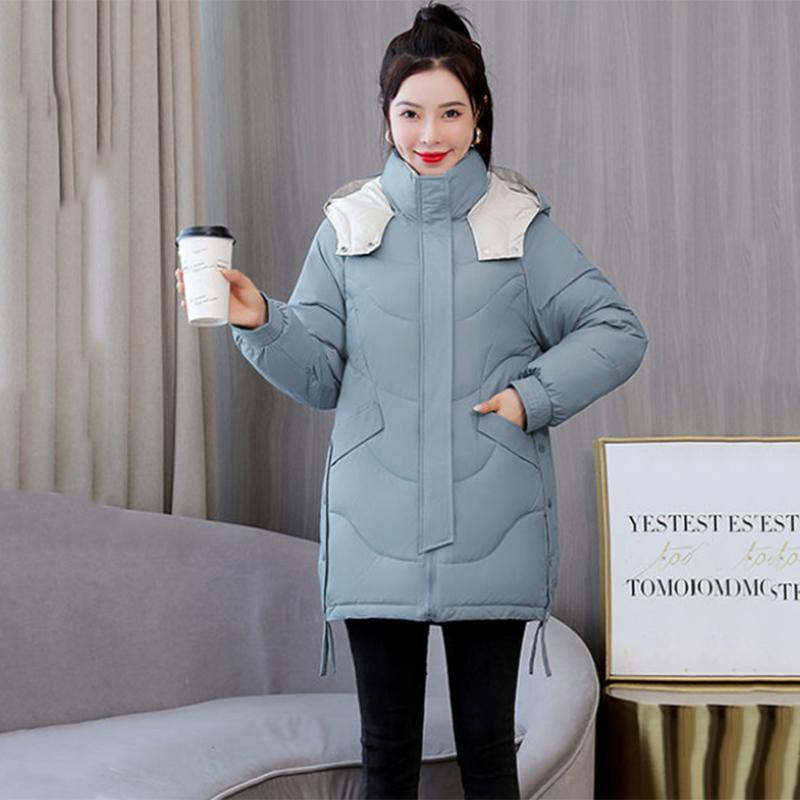 Women's Winter Korean Style Loose Quilted Jacket Women's Warm Stand-collar Down Jacket Solid Color Mid-length Down Jacket Quilted Jacket