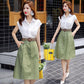 2PC Suit Stand-up Collar Short-sleeved Shirt+ Chiffon Dress Women's Summer French Retro Skirt Fabric Light and Breathable