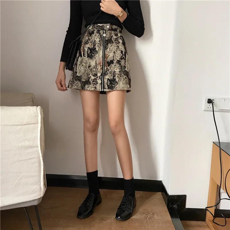 A-line Skirt Embroidered Cat Print Skirt Autumn and Winter Age Reduction Women's Bag Hip Skirt High Waist Skirt Female Student