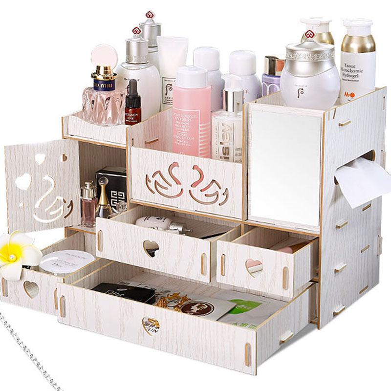 Wooden Office Storage Box Desktop Jewelry Container Organizer Cosmetic Case Large Capacity Makeup Drawer Nail Polish Desktop Sundries