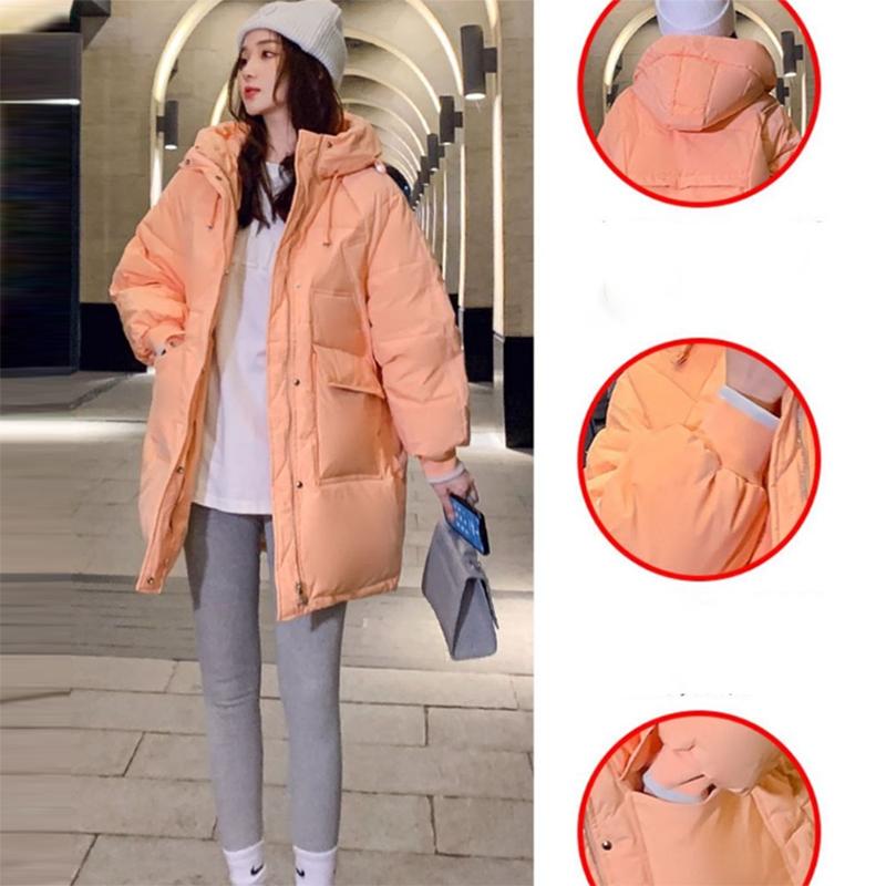 Women's Solid Color Mid-length Down Jacket Winter Korean Style Loose Plus Size Cotton Clothes Casual Hooded Padded Jacket Quilted Jacket