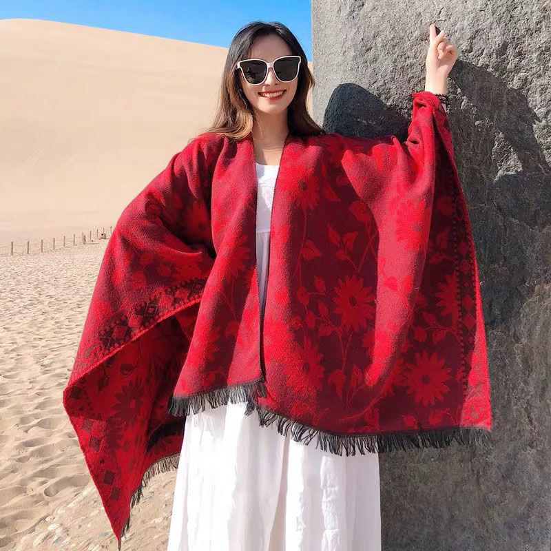 Ethnic Style Shawl Cloak Women Thick Warm Shawl Windproof Buckle Warm Scarf Shawl Dual-use Oversized Wrap