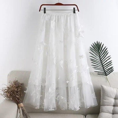 Butterfly embroidery Women Chiffon Skirt Mid-length A-line Skirt Plus Size Fairy Skirt Summer Ruffled Elastic Waist Sandy Beach Vacation Daily