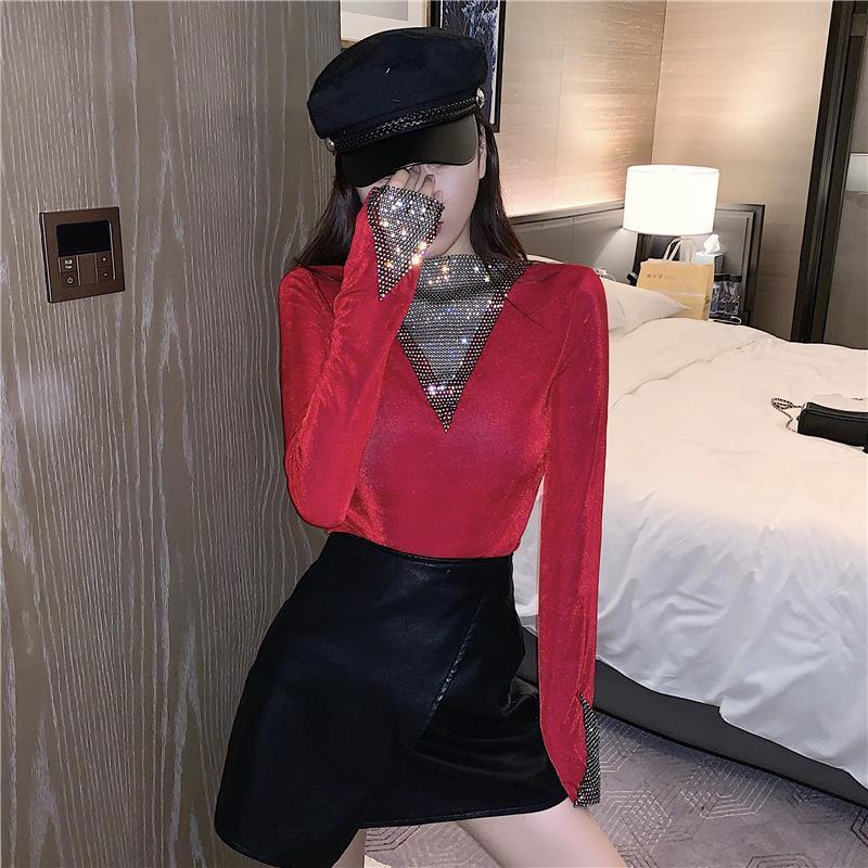 Autumn Winter Vintage Fashion Temperament Design Sense Set Diamond Stitching Base Sexy Blouse Long Sleeve Slim T-shirt Female