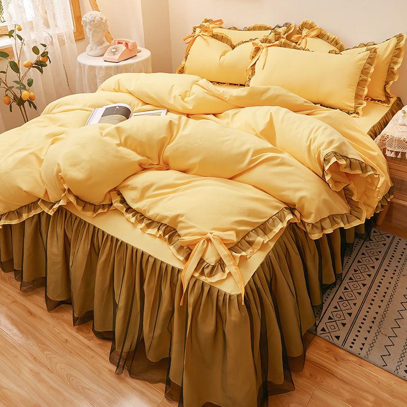 Korean Brushed Bed Skirt Bowknot Four-piece Princess Style Bed Cover Thick Non-slip Lace Bedding