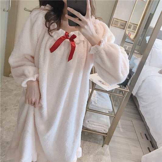 Princess Style Pajamas Women Winter Coral Velvet Soft and Warm Cute Sweet Girl Plus Velvet Loose Autumn and Winter Long-sleeved Flannel Nightdress