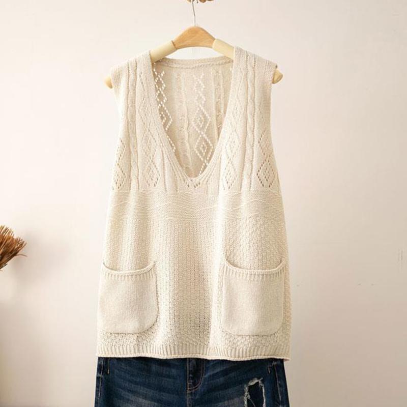 V-neck Vest Women's Spring and Autumn Wear Hollow Retro Literary and Artistic Knitted Vest Wear Loose Top