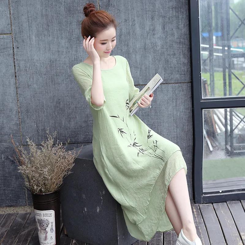 Summer Dress Retro Ethnic Print Dress Mid-length Elegant Temperament Women's Thin Dress Round Neck Short Sleeves Loose Casual and Comfortable