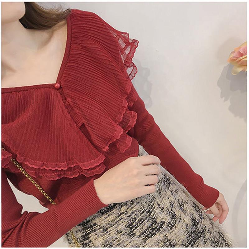 Double Layer Lotus Leaf Collar Sweater Fashion Flared Sleeve Sweater Autumn and Winter Ins Blouse