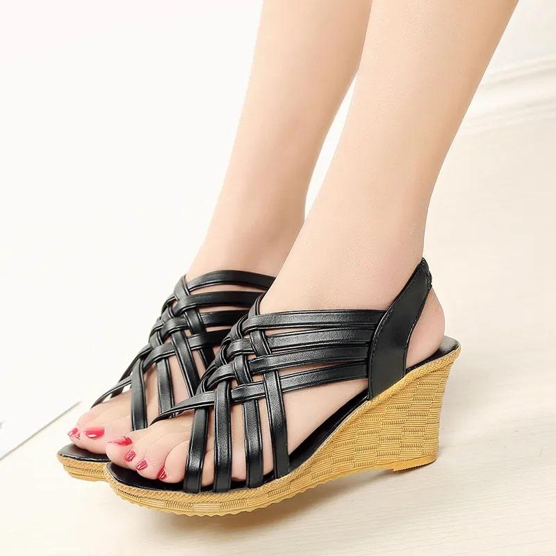 Women's Summer Wedge Sandals Platform Open Toe High Heels Thin Strap Korean Casual Shoes Knitted Roman Sandals