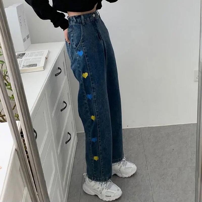 WTEMPO Love Embroidered Jeans Women's High Loose Casual Washed Denim Straight Long Wide Leg Pants