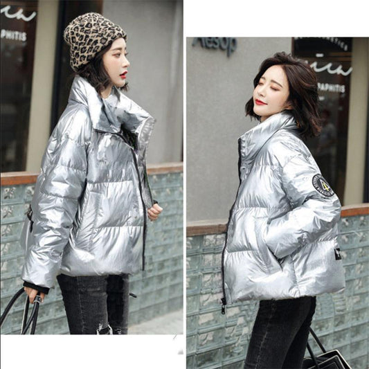 Women's Shiny Short Down Jacket Winter Korean Style Loose Quilted Jacket Casual Stand-collar Padded Jacket