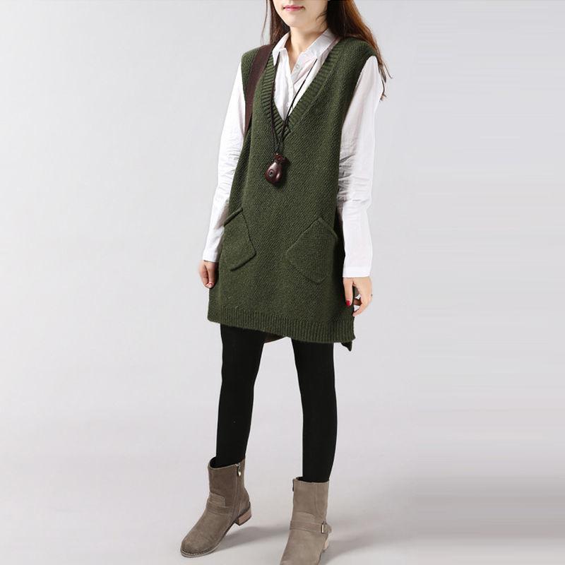 Autumn and Winter Mid-length Knitted Vest Women Loose Hedging V-neck Vest Thickened Large Size Waistcoat