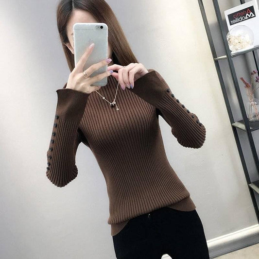 Women Sweater with Buttons Long Sleeve Sexy Slim Female Tight Knit Turtleneck Pullover Ladies Jumper