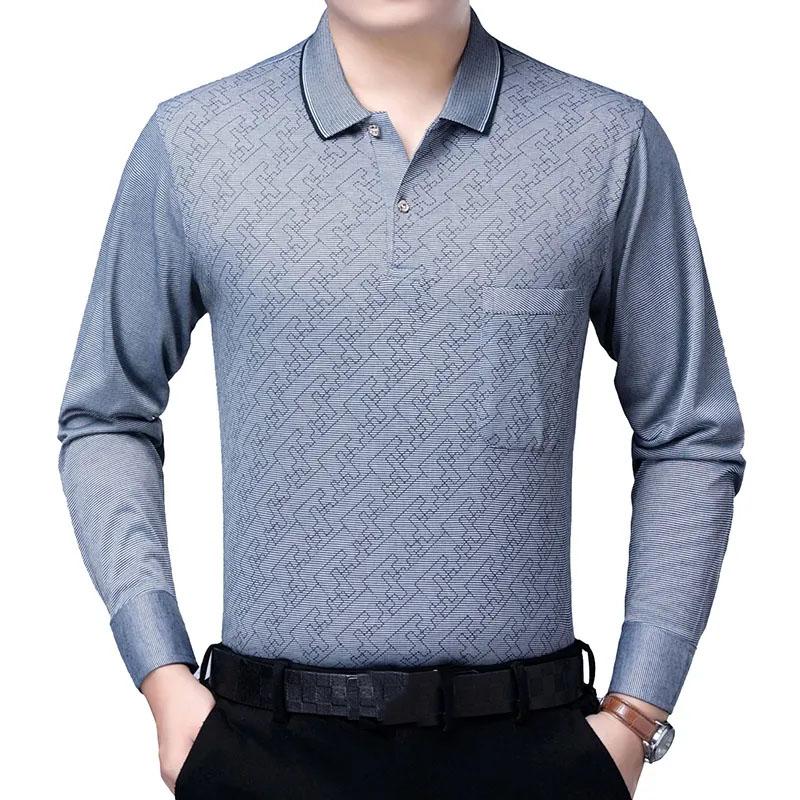 Men's Cotton Plaid Printed Polo Shirt Long-sleeved T-shirt Middle-aged Elderly Spring and Autumn Thin Tops Casual Business Lapel Shirts