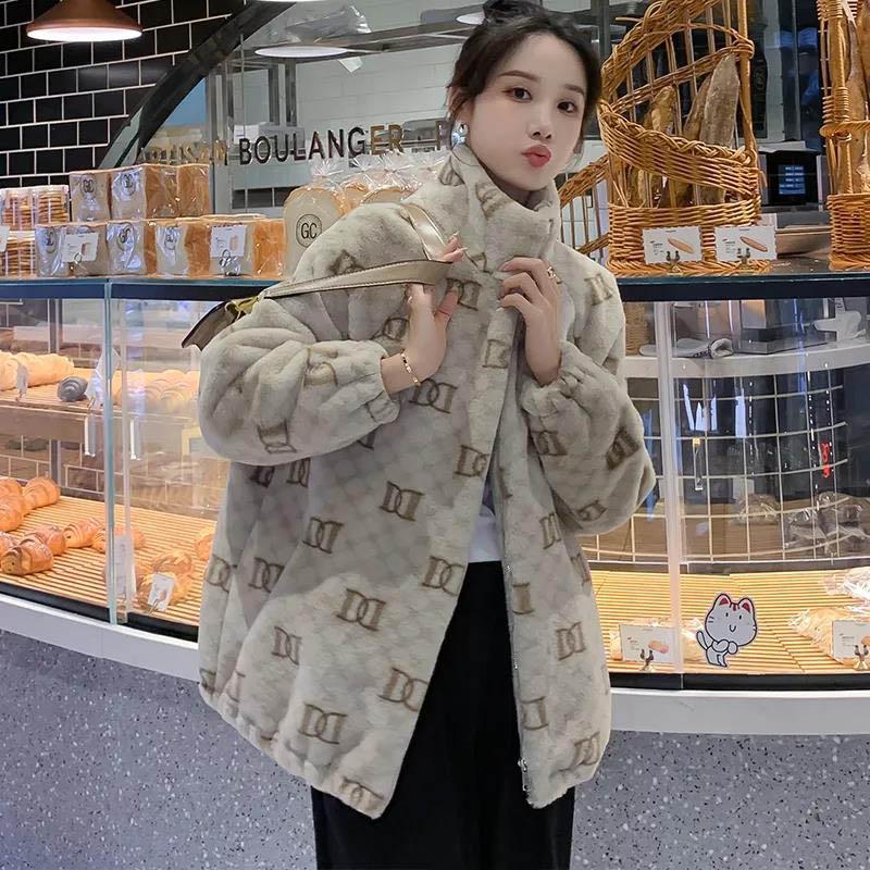 WTEMPO Plus Cotton Thick Imitation Rabbit Fur Coat Female Printed Letters Western Style Loose Warm Coat