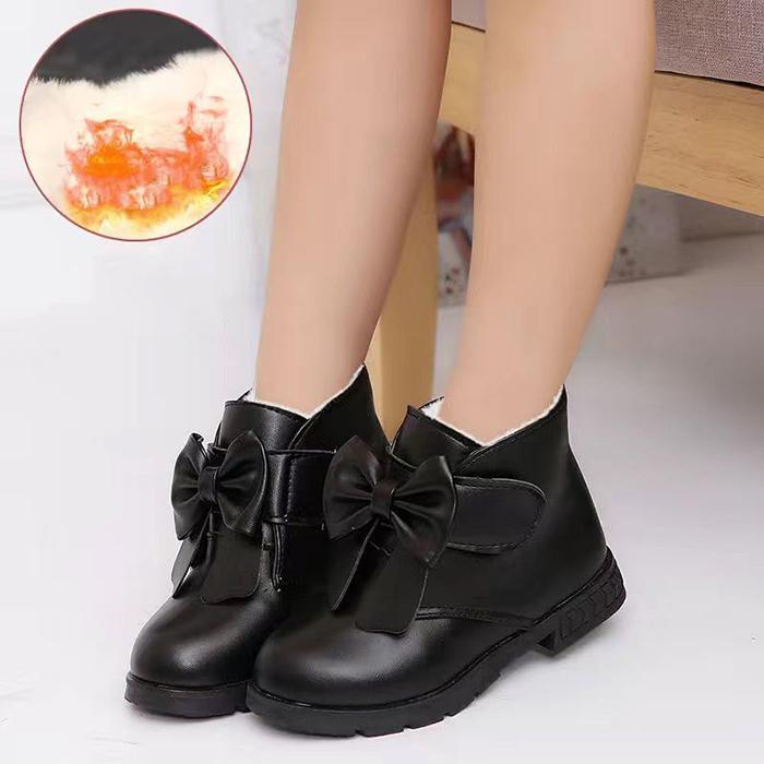 Children's Shoes In Autumn and Winter Soft Sole Non Slip Plush Cotton Boots Girls' Bowknit Solid Color Mid Top Snow Boots