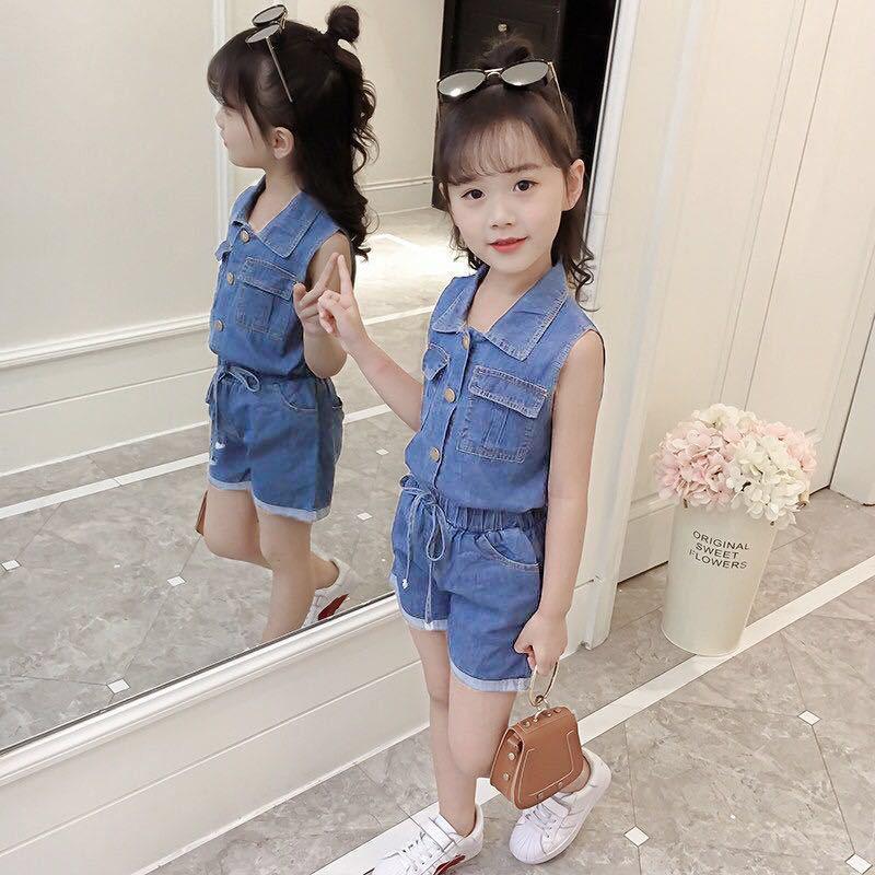 Girls Clothing Sets Summer Denim Short T-shirt+Pants Korean Style Single Breasted 2Pcs for Kids Baby Suit Cowboy Suit