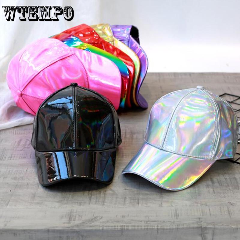 Women Men Color Gradient Shiny Metallic Laser Leather Snapback Baseball Caps