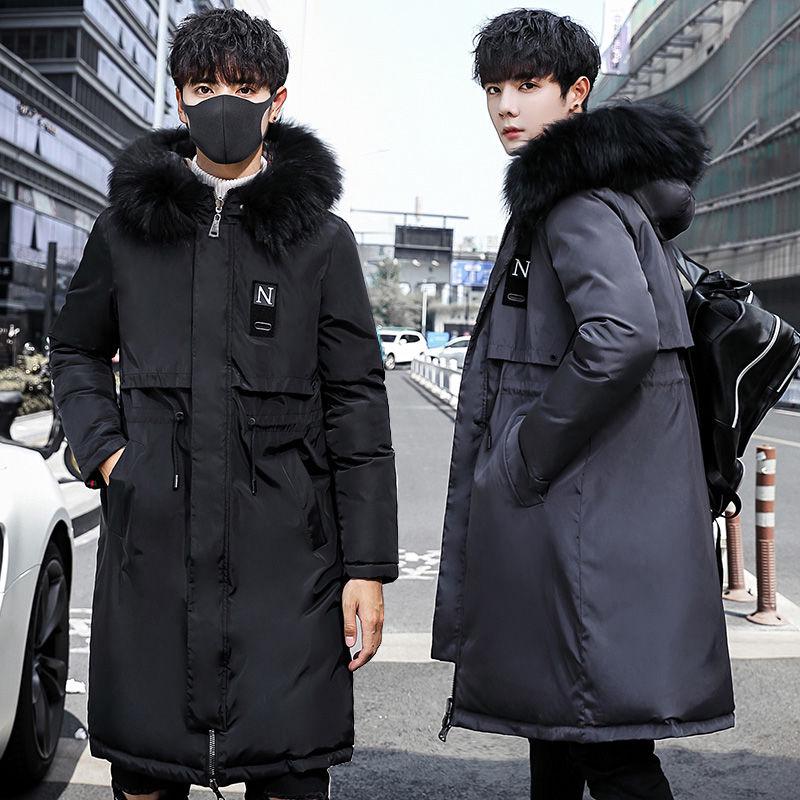 Winter Padded Jacket Men's Plus Velvet Thick Mid-length Korean Style Loose Hooded Big Fur Collar Padded Jacket Parka Coat Trend