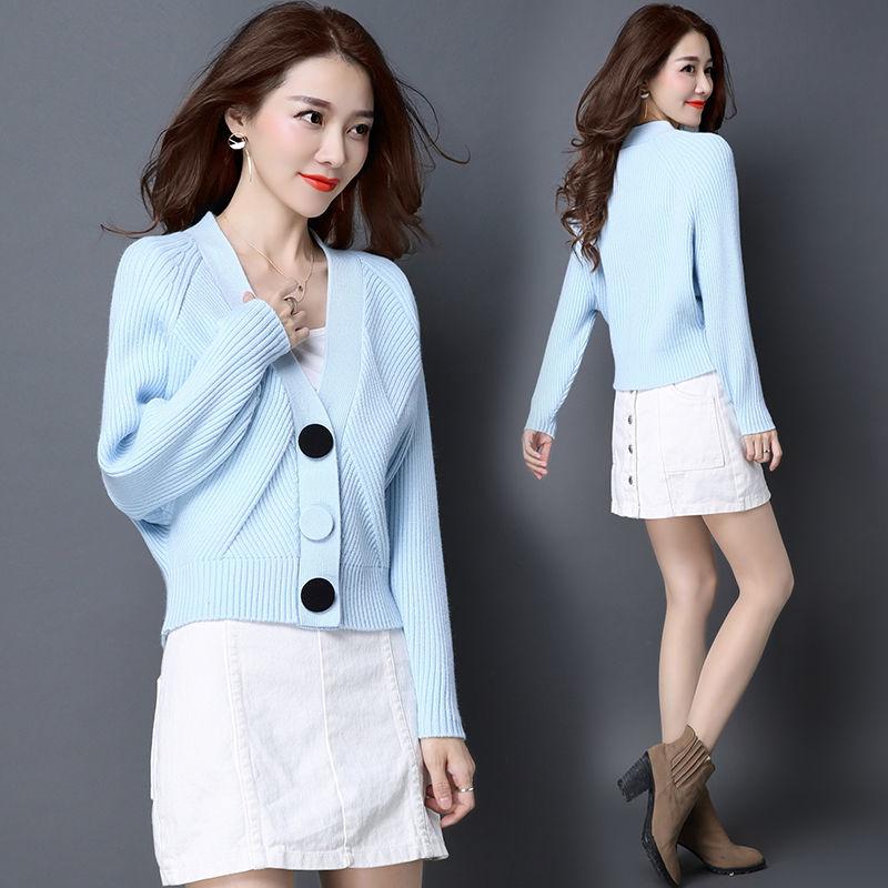 Spring and Autumn Short Knit Cardigan Long Sleeve V-neck Bat Shirt Long Sleeve Button Sweater Jacket