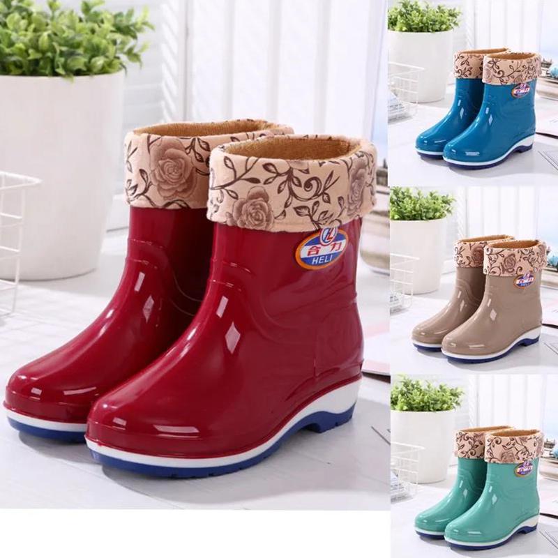 Rain Boots Ladies Mid-tube Plus Velvet Warmth and Non-slip Water Shoes High-tube Rubber Shoes Plus Cotton Thick Water Boots Overshoes