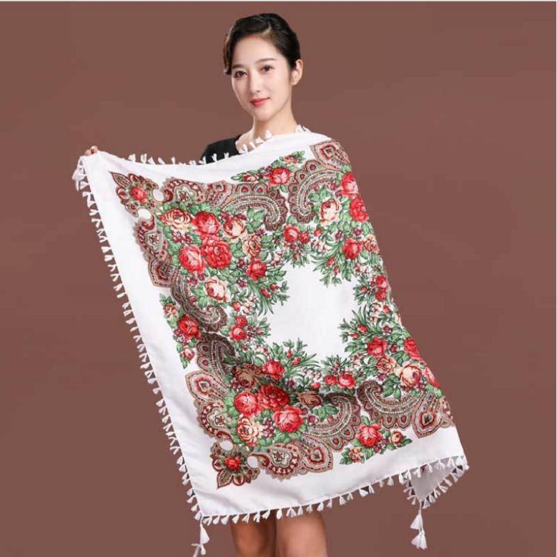 Women's Ethnic Style Square Scarf Printed Shawl Fringed Cotton Scarf Autumn and Winter Warm Embroidered Shawl Multifunctional Turban Shawl Scarf