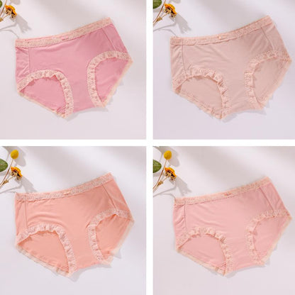 Women's Large Size Solid Color Cotton Crotch Underpants Female Soft Breathable Low-waist Seamless Lace Briefs