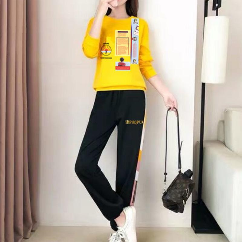 Suit Spring and Autumn Sweater Long-sleeved Casual Sports Suit Women's Fashion Stitching Large Size Sports Pants Two-piece Trendy