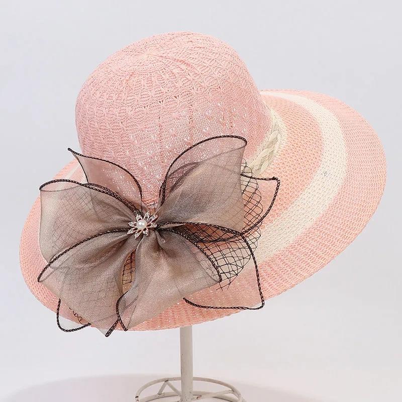 Women's Summer Cotton Linen Knitted Big Brim Sun Hat Beach Bow Ribbon Sunshade Anti-UV Sun Hat Fisherman Hat