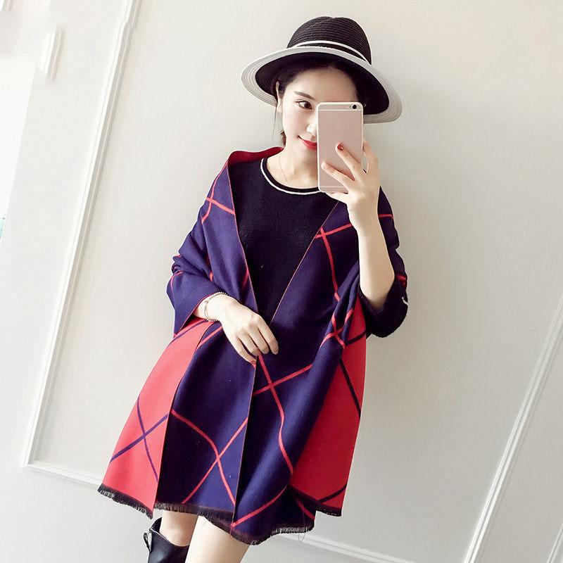 French Retro Wool Cloak Temperament Shawl Thickened Warm Student Long Plaid Double-sided Scarf Female Commuter