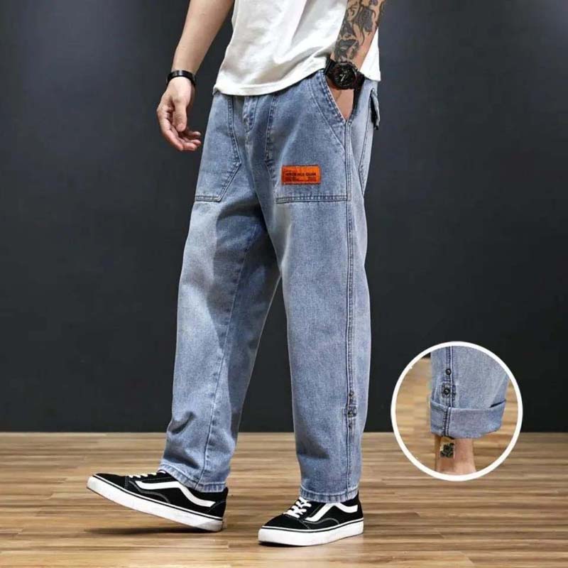 Denim Pants Men's Loose Spring and Autumn Blue Straight Tone Waist Handsome Wide-leg Large Size Casual Jeans