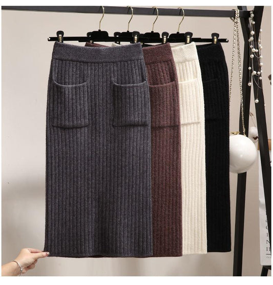 Thick Split Knit Skirt Women Tight Elastic Bodycon Skirt Autumn Winter Mini Pencil Skirt with Pockets