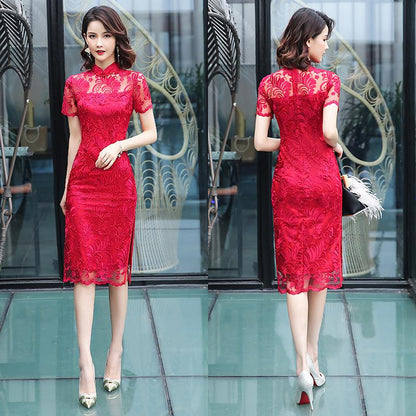 Lace Mid-length Cheongsam Fresh Banquet Performance Dress Slim Slim Solid Color Long Skirt