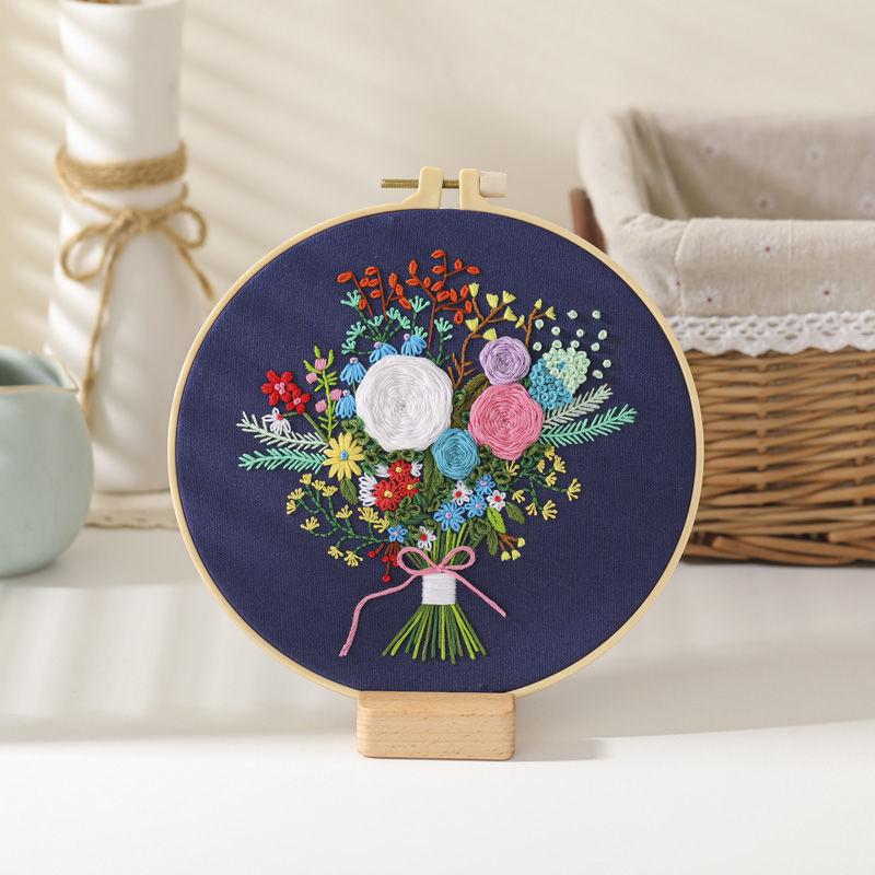 Floral Hand Cross Stitch Embroidery Cloth Starter Kits Needlepoint Color Threads Bamboo Hoop DIY