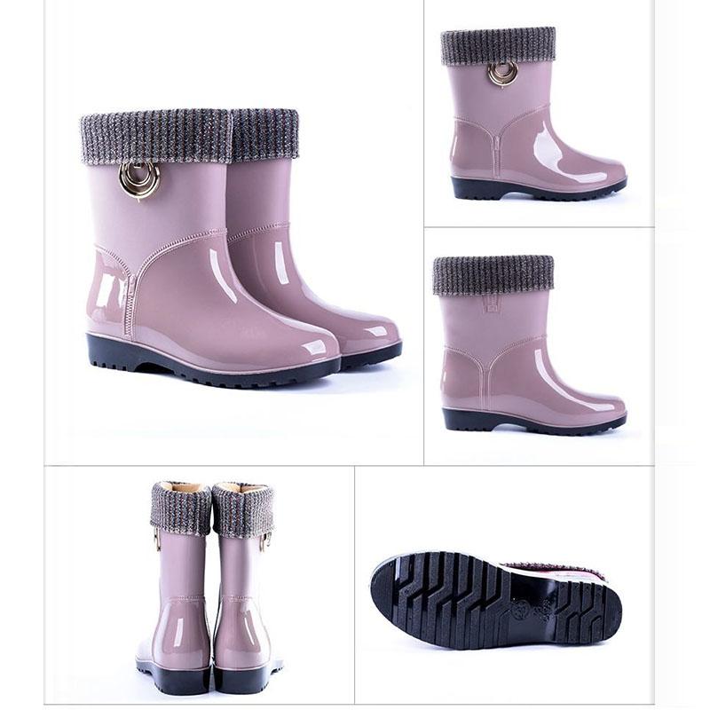 Rain Boots Women's Warm Low-tube Rubber Boots Mid-tube Water Shoes Kitchen Non-slip Rain Boots Plus Velvet Detachable Rubber Shoes