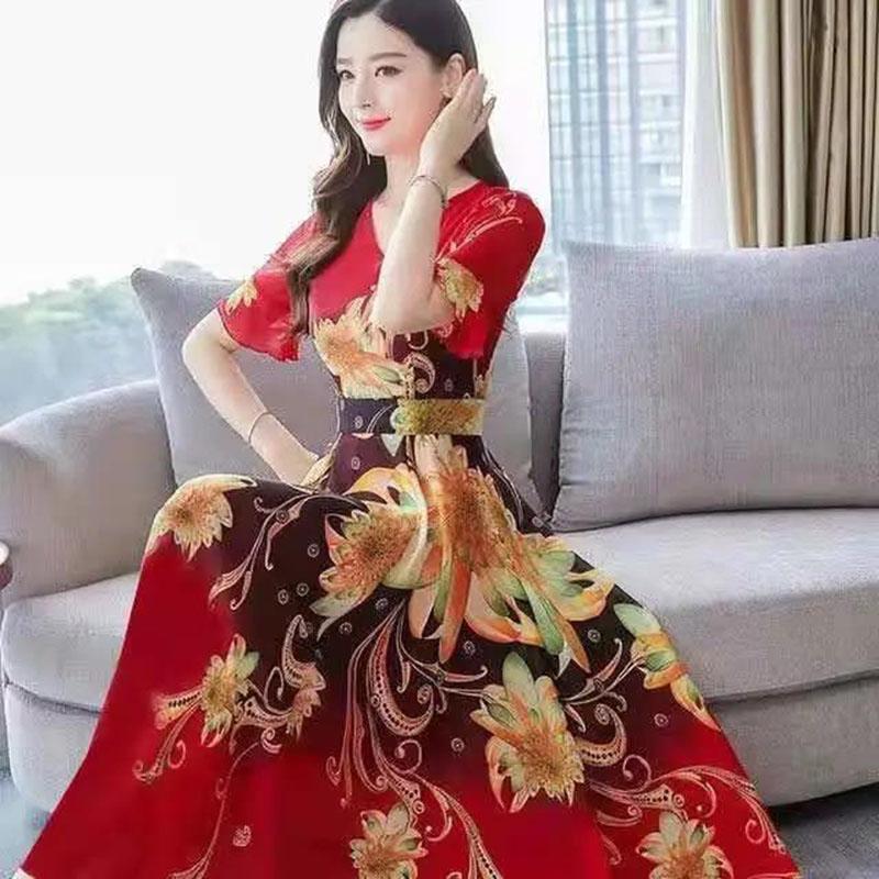 Women's Slim A-line Skirt Summer Short Sleeve Long Floral Large Size Dress