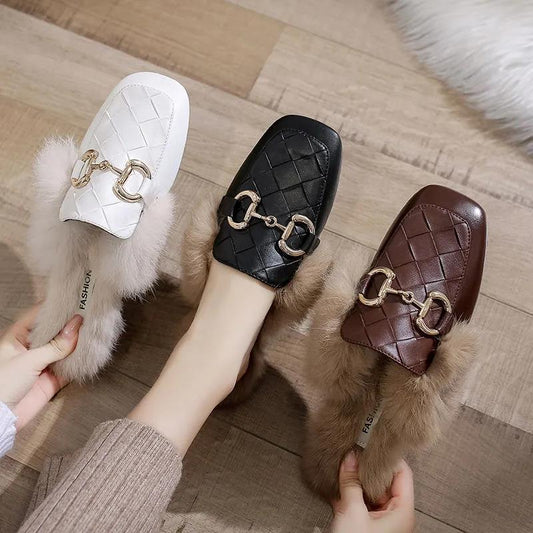 Women's Autumn and Winter Furry Fashion Cotton Slippers with Slippers Indoor and Outdoor Casual Flat Shoes Soft Shoes