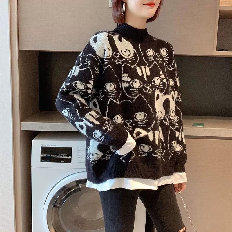 Autumn Winter  Women Fashion Sweater Casual Knitting Sweater Print Round Neck Pullovers Loose Casual Long Sleeve Sweater