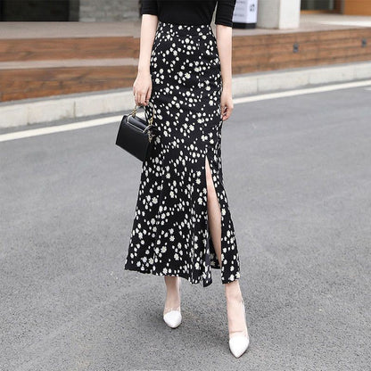 Small Daisy Slit Fishtail Skirt Floral Half-length Skirt Female Summer High Waist A-line Bag Hip Long Skirt Chiffon Bag Hip Slit Skirt / Bag Hip Skirt